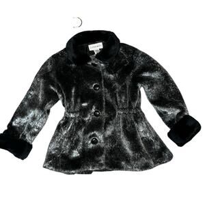 Copper Key Black Faux Fur girls collared cinched waist large buttons coat size 6